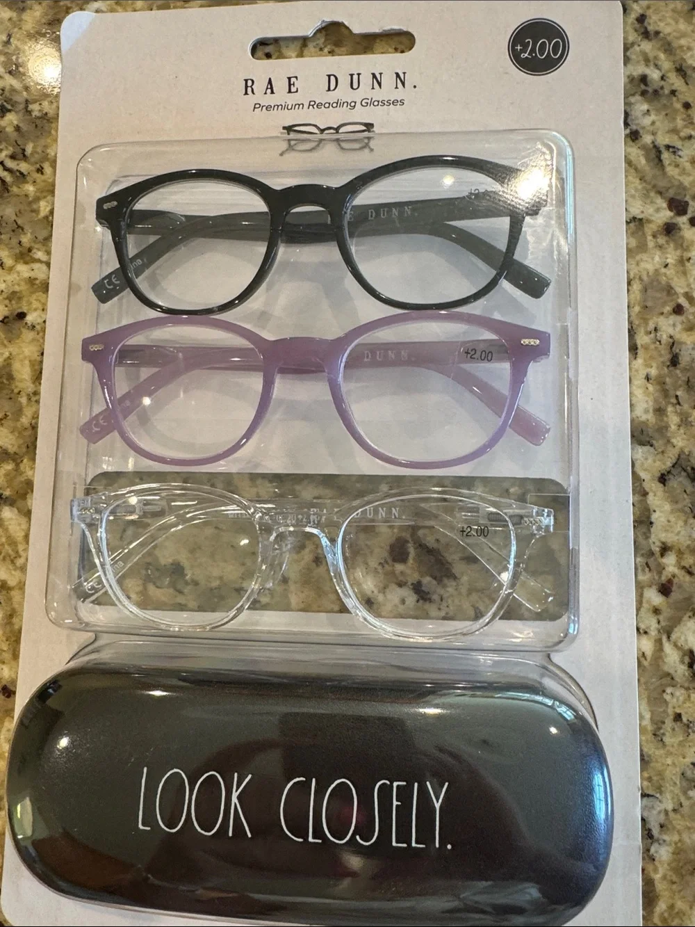 Rae Dunn 3-Pack Reading Glasses Set - Black, Purple, Clear